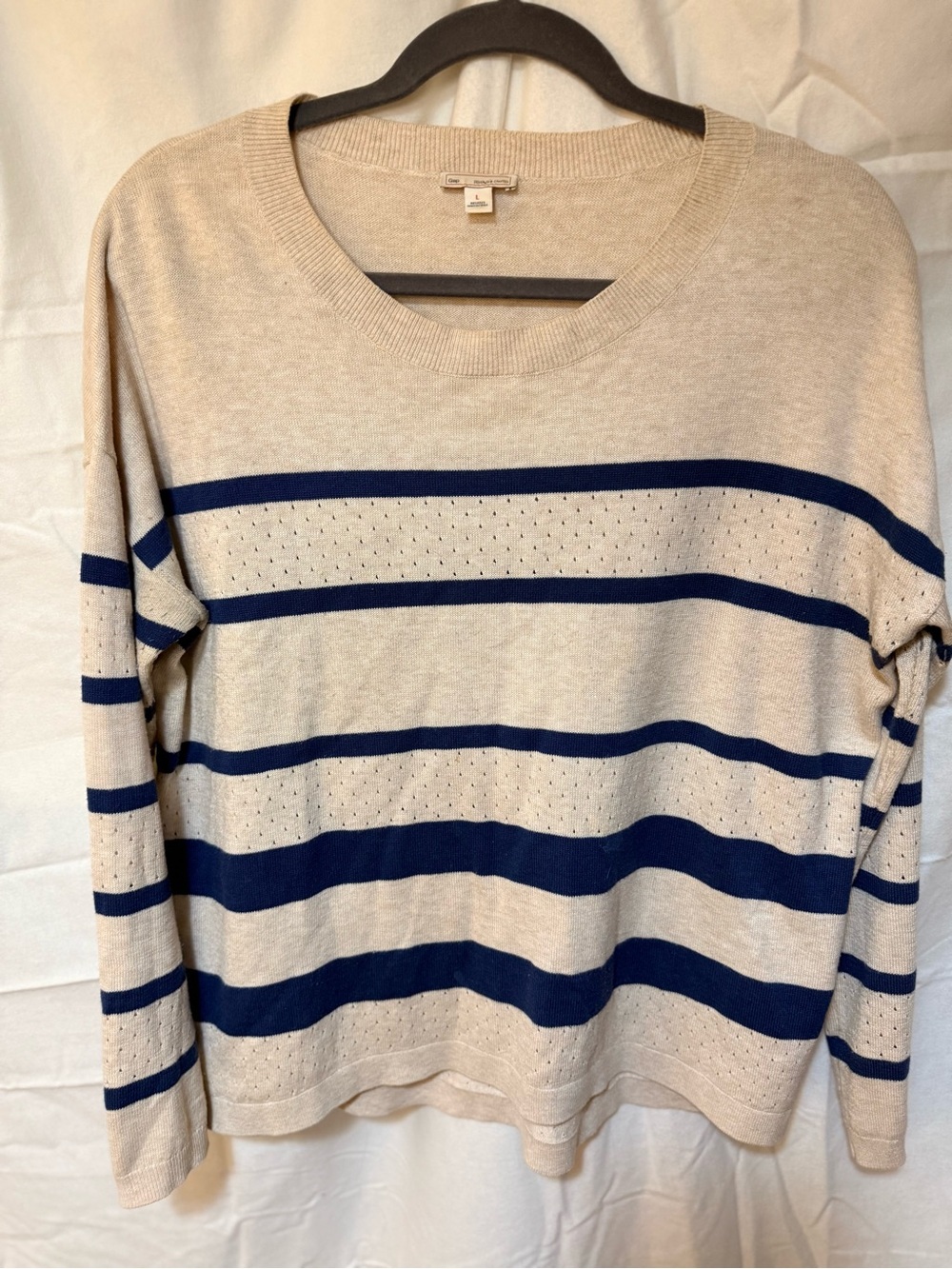 GAP Beige Crewneck Sweater w/ Navy Stripes vintage lightweight nautical casual L